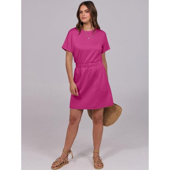 Anrabess Women Hot Pink Crew Neck Elastic Waist Mini T Shirt Dress With Pocket - Picture 6 of 6